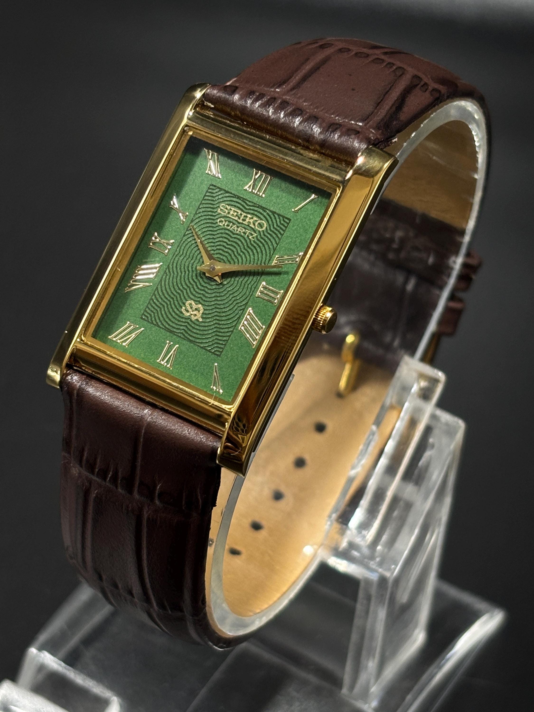 Vintage Seiko Tank Watch: Slim Quartz, Green Face, Leather Band - Etsy