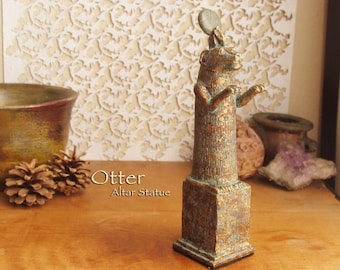 Otter Altar Statue - Linked w/ Wadjet - Handcrafted Figure w/ 20mm Green Serpentine Disc - Ancient Egyptian Icon- Aged Bronze Patina Finish