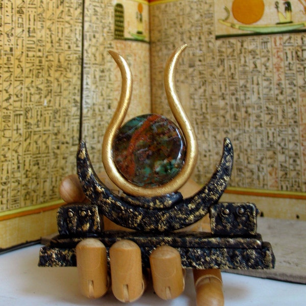 Isis Horns and Solar Disc Altar Statue  - Green Opal Disc - Egyptian Goddess Votive Icon