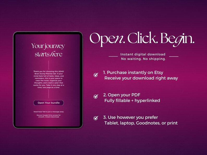 Pu&ograve; includere: Un tablet digitale che mostra un'interfaccia di pianificazione viola con il testo Your journey starts here e Open Your bundle. A destra, il testo recita Open. Click. Begin. seguito da tre passaggi numerati che descrivono il processo di download.