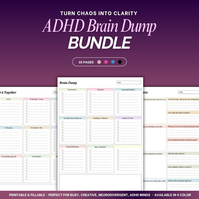 ADHD Brain Dump Printable & Editable | Brain Dump Planner | ADHD Daily ...