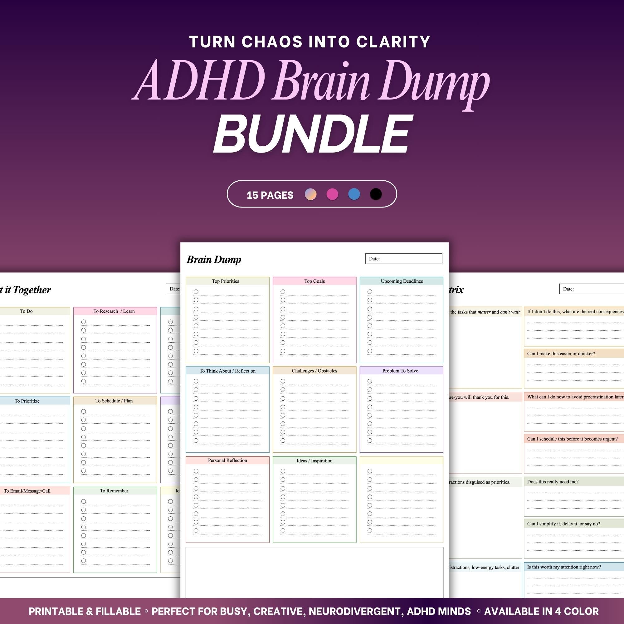 ADHD Brain Dump Printable & Editable | Brain Dump Planner | ADHD Daily ...