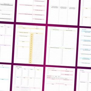 Pu&ograve; includere: Una raccolta di dodici pagine di agenda digitale con vari layout organizzativi, inclusi programmi settimanali, liste di cose da fare giornaliere, tracker delle abitudini e sezioni per gli obiettivi con bordi color pastello e linee a griglia.