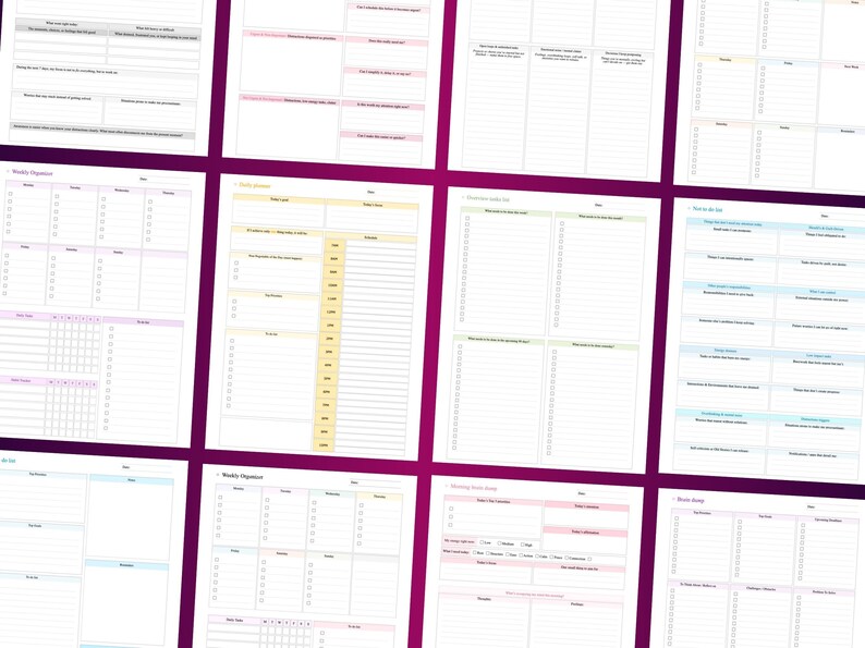 Pu&ograve; includere: Una raccolta di dodici pagine di agenda digitale con vari layout organizzativi, inclusi programmi settimanali, liste di cose da fare giornaliere, tracker delle abitudini e sezioni per gli obiettivi con bordi color pastello e linee a griglia.