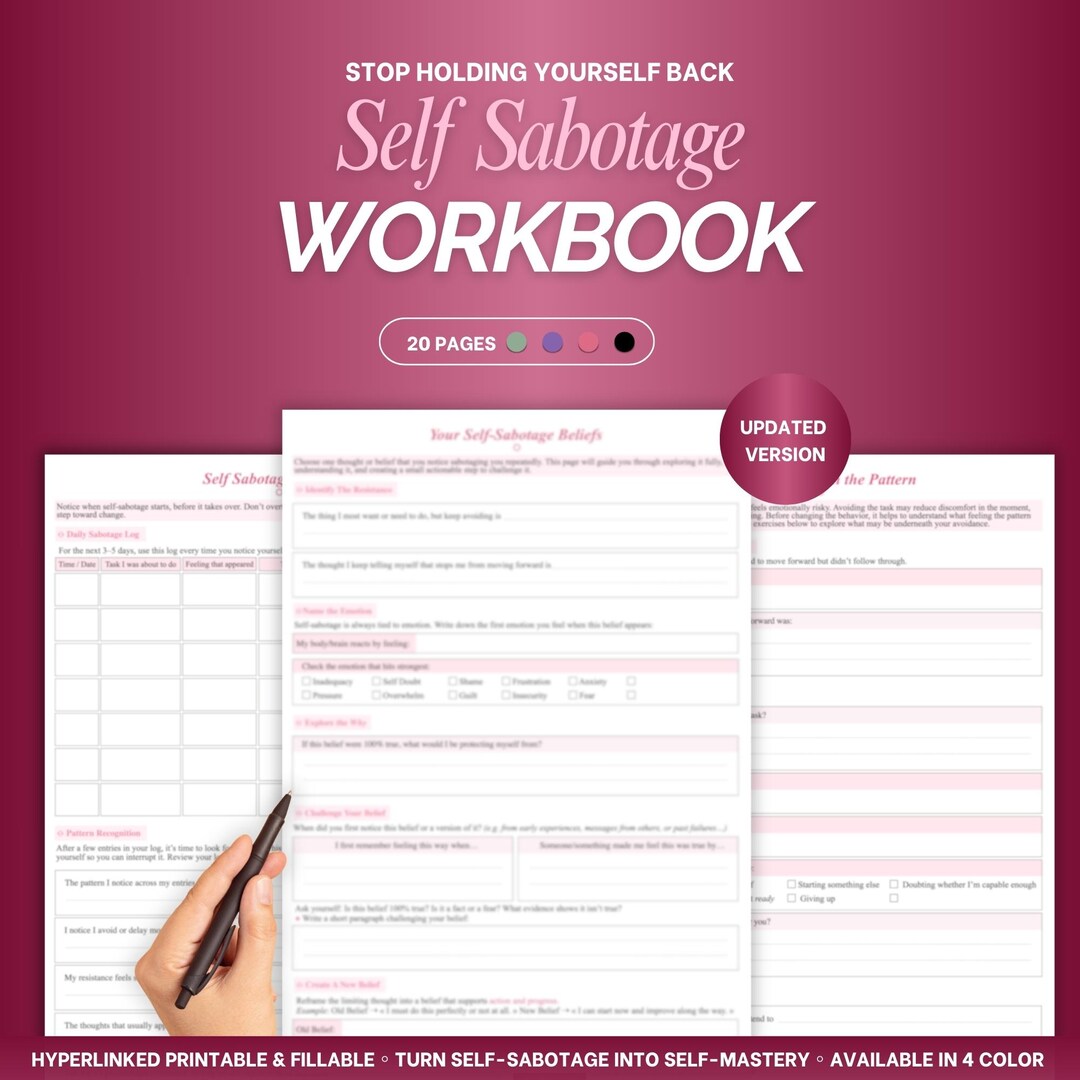 Self Sabotage Workbook | Self Sabotage Worksheet Printable, Editable ...