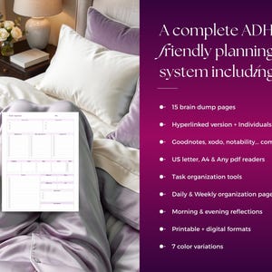Pu&ograve; includere: Un sistema di pianificazione per ADHD che include una pagina di pianificazione giornaliera bianca con elenchi di attivit&agrave; e sezioni di riflessione. Il testo elenca funzionalit&agrave; tra cui 15 pagine di appunti, versioni con collegamenti ipertestuali, compatibilit&agrave; con Goodnotes, Xodo e Notability, formati A4 e US letter, strumenti di organizzazione e 7 varianti di colore.