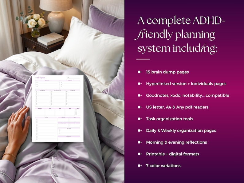 Pu&ograve; includere: Un sistema di pianificazione per ADHD che include una pagina di pianificazione giornaliera bianca con elenchi di attivit&agrave; e sezioni di riflessione. Il testo elenca funzionalit&agrave; tra cui 15 pagine di appunti, versioni con collegamenti ipertestuali, compatibilit&agrave; con Goodnotes, Xodo e Notability, formati A4 e US letter, strumenti di organizzazione e 7 varianti di colore.