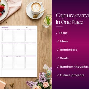 Pu&ograve; includere: Un foglio di pianificazione in carta bianca con una griglia di nove sezioni per il brainstorming, dotato di caselle di controllo e linee. Il testo "Capture everything In One Place" &egrave; visualizzato accanto a un elenco che include Tasks, Ideas, Reminders, Goals, Random thoughts e Future projects.
