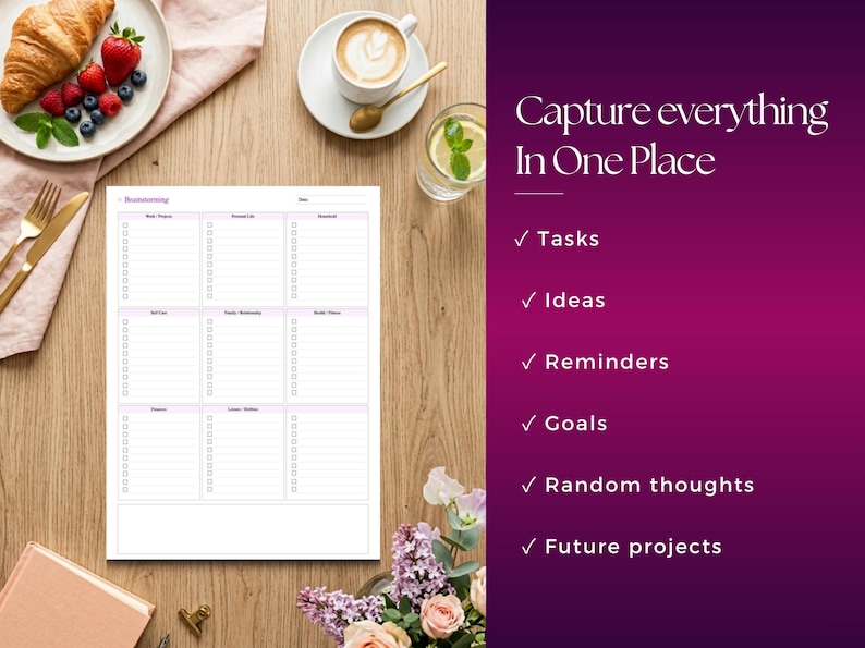 Pu&ograve; includere: Un foglio di pianificazione in carta bianca con una griglia di nove sezioni per il brainstorming, dotato di caselle di controllo e linee. Il testo "Capture everything In One Place" &egrave; visualizzato accanto a un elenco che include Tasks, Ideas, Reminders, Goals, Random thoughts e Future projects.