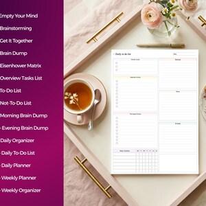 Pu&ograve; includere: Una pagina di pianificazione per la lista delle cose da fare giornaliere con sezioni per priorit&agrave;, azioni importanti e liste di controllo. Il testo include da Pagina 1 a 15 con titoli come Empty Your Mind, Brainstorming e Weekly Planner.