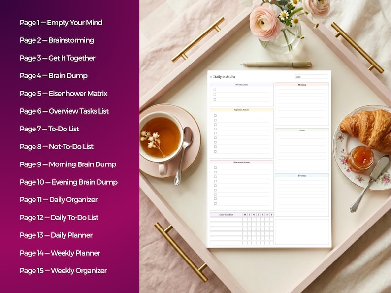 Pu&ograve; includere: Una pagina di pianificazione per la lista delle cose da fare giornaliere con sezioni per priorit&agrave;, azioni importanti e liste di controllo. Il testo include da Pagina 1 a 15 con titoli come Empty Your Mind, Brainstorming e Weekly Planner.