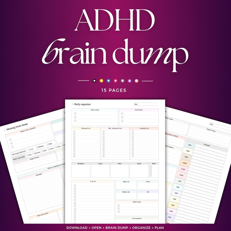 Pu&ograve; includere: Un set di pianificatori digitali intitolato ADHD brain dump con 15 pagine. Il layout presenta fogli bianchi con testo nero, incluse sezioni per organizzatori giornalieri, liste di idee e programmi con caselle di controllo, linee e intestazioni pastello.