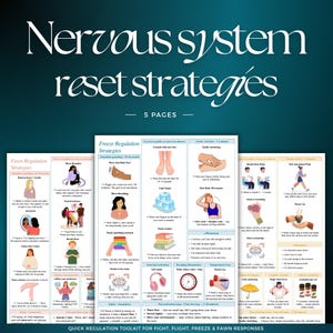 May include: A digital document titled Nervous system reset strategies with 5 pages of illustrated guides. The pages feature text and graphics detailing regulation techniques for fawn, freeze, and other nervous system responses.