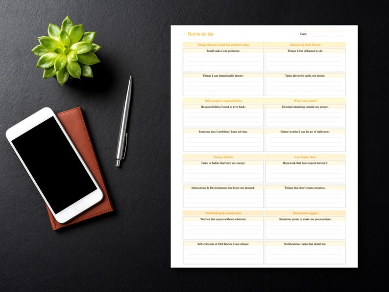 Pu&ograve; includere: Una pagina di pianificazione Not to do list su carta bianca con intestazioni gialle e sezioni a righe per organizzare le attivit&agrave;. Il documento include categorie come Things I can postpone, Things I feel obligated to do e Other people's responsibilities.