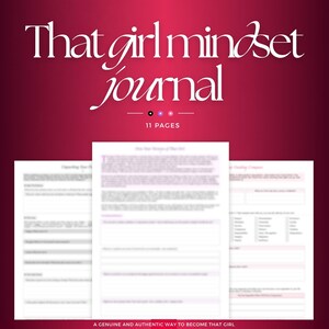 以下が含まれることがあります： 11ページのデジタルジャーナル「That girl mindset journal」。濃いマゼンタのグラデーション背景に、黒い文字とピンクのアクセントが施された白いページが表示されています。テキストには見出しと、個人的な振り返りのための構造化されたセクションが含まれています。