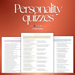 May include: A digital document titled Personality quizzes with 5 quizzes listed below. The document features three white pages with black text, multiple-choice questions, and numbered lists, set against a gradient orange background with white text.