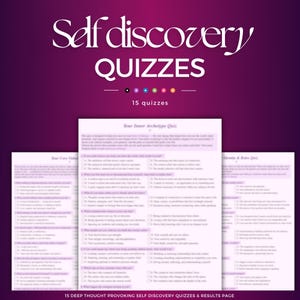 Könnte beinhalten: Ein violetter Hintergrund mit den weißen Worten "Self discovery QUIZZES". Darunter steht "15 quizzes". Drei Quizseiten sind sichtbar, mit dem Text "Your Inner Archetype Quiz" und Multiple-Choice-Fragen.