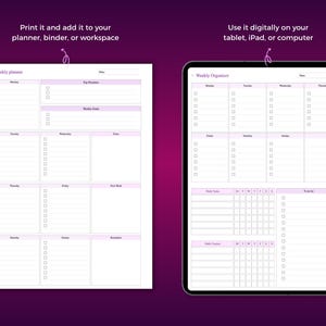 Pu&ograve; includere: Un modello di agenda settimanale mostrato come documento stampabile e versione digitale su tablet. Il layout presenta sezioni per i giorni della settimana, priorit&agrave;, obiettivi settimanali, attivit&agrave; quotidiane e liste di cose da fare con caselle.