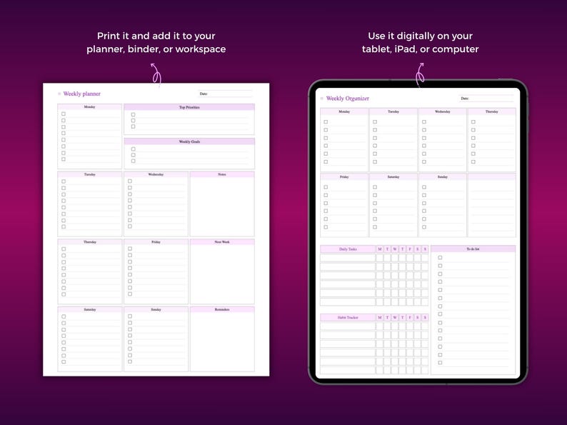 Pu&ograve; includere: Un modello di agenda settimanale mostrato come documento stampabile e versione digitale su tablet. Il layout presenta sezioni per i giorni della settimana, priorit&agrave;, obiettivi settimanali, attivit&agrave; quotidiane e liste di cose da fare con caselle.