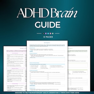 Puede incluir: Una guía de color turquesa titulada "ADHD Brain GUIDE" con el texto "6 PAGES". El diseño incluye un fondo turquesa y texto blanco. La guía está diseñada para ayudar a los adultos neurodivergentes a comprender y prosperar con su TDAH.