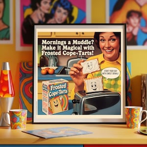 Lámina artística de desayuno divertida, póster de parodia de Pop-Tart de los años 70, decoración de dibujos animados de cocina retro, Frosted Cope-Tarts