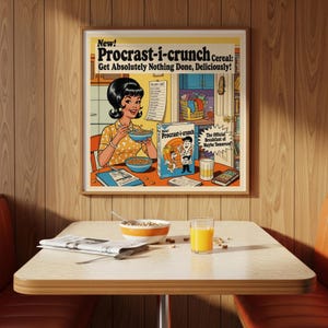 Impresión artística de pared con cereales retro, póster de desayuno de los años 60, decoración de cocina con humor sobre la procrastinación, Procrast-i-Crunch