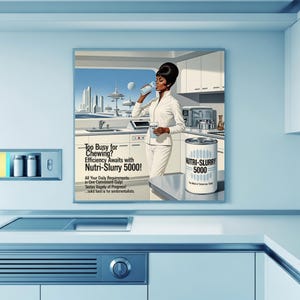 May include: Retro-futuristic illustration of a woman in a white suit drinking from a glass in a modern kitchen. A can of Nutri-Slurry 5000 sits on the counter. The image includes text: "Too Busy for Chewing?" and "Nutri-Slurry 5000!"