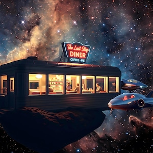 May include: A diner sign that reads "The Last Stop Diner" in red and white neon lights. The diner is a retro design with large windows, and the background is a colorful nebula with two futuristic spacecraft.