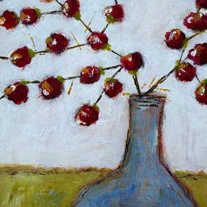 May include: An abstract painting of a blue vase holding branches with red berries. The background is white with a green and yellow base. The artwork has a textured, painted appearance.