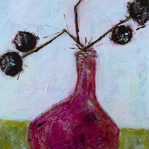 May include: Abstract painting of a magenta vase holding dark brown, spherical objects on thin stems. The vase sits on a green surface against a white and light pink background. The artwork has a textured, painted appearance.