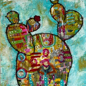 May include: A colorful abstract painting of a cactus with a blue, green, and yellow background. The cactus is made up of different shapes and patterns, including circles, squares, and stripes. The cactus is outlined in black and has a red flower on top.