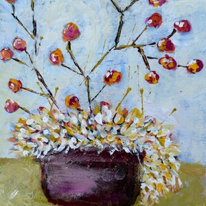 May include: An abstract painting of a floral arrangement in a dark purple pot. The flowers have red and yellow buds on brown stems, with a background of light blue and white brushstrokes. The pot sits on a green and yellow surface.