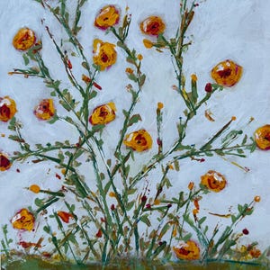 May include: An abstract painting of yellow and orange flowers with green stems and leaves against a white background. The flowers are clustered together, with a green base at the bottom of the painting.