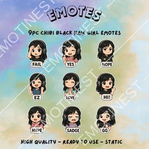 9 Kawaii Chibi Emotes – Black Hair Girl PNG Stickers for Twitch, Discord, VTubers | Cute Gamer Emojis | Streamer Chat Reactions Pack