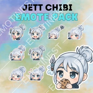 Paquete de 9 emoticones Jett Valorant: Emojis kawaii chibi PNG, pegatinas, arte digital para Twitch, Discord, VTuber, streamer, gamer, chat, reacción, superposición