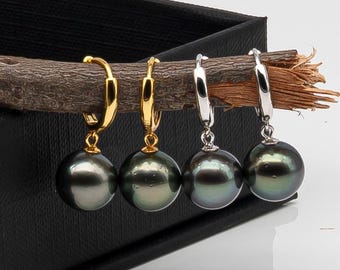 Pendientes de perlas tahitianas de 10 mm en plata de ley o vermeil de oro de 18 quilates — Pendientes colgantes de aro circulares — Regalo para ella — 1480TA-E