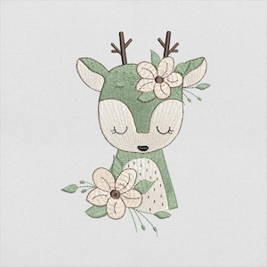 Deer Embroidery Design, Cute Forest Fawn with Floral Decor Animal File for Machine Embroidery, Instant Download, PES DST File