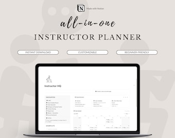 May include: A laptop displays an "all-in-one Instructor Planner" interface. The screen shows a calendar and navigation options. The design includes the text "Instant Download," "Customizable," and "Beginner-Friendly."