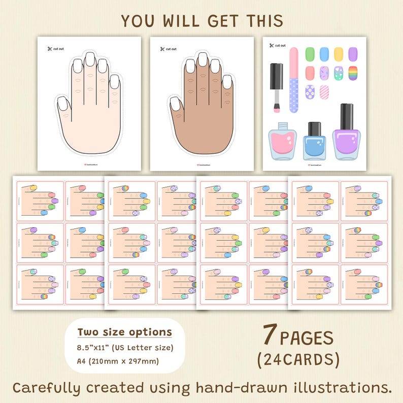 May include: A set of nail art illustrations, including hand outlines with white-tipped nails, nail polish bottles, and various nail designs. The text reads "YOU WILL GET THIS", "Two size options 8.5"x11" (US Letter size) A4 (210mm x 297mm)", and "7 PAGES (24CARDS)".