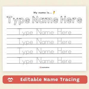 May include: A white educational worksheet for name tracing featuring the text My name is... followed by the words Type Name Here in large outline font and four lines of dotted text for practice, with the SookSookBrain logo at the bottom.