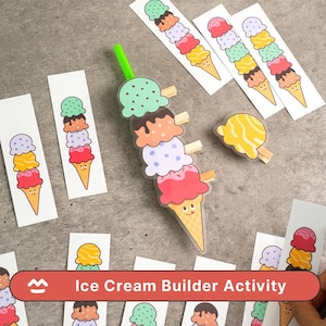 May include: An ice cream builder activity set with colorful ice cream cone illustrations. The set includes individual scoops and cones, along with a large ice cream cone with multiple scoops. The text "Ice Cream Builder Activity" is displayed.