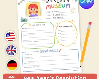 Résolution du Nouvel An, musée Mon année 2025 et feuille de travail Objectifs 2026, activité pour enfants à imprimer