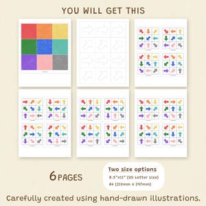 May include: Six pages of printable illustrations with colorful arrows and color swatches. The text reads "YOU WILL GET THIS", "6 PAGES", and "Two size options 8.5"x11" (US Letter size) A4 (210mm x 297mm)". The illustrations are carefully created using hand-drawn illustrations.