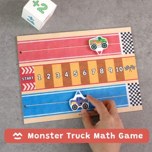 Pode incluir: Um tabuleiro de jogo matemático com uma pista vermelha, uma linha numérica amarela de 1 a 10 e uma pista azul. Duas peças de jogo de monster truck, uma verde e uma roxa, estão incluídas, junto com um dado branco de seis lados com +2 e +1.