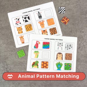 Op de afbeelding: Educatief spel om dierenpatronen te matchen met geïllustreerde kaarten en bijpassende tegels. De kaarten bevatten illustraties van dieren en lege ruimtes voor patroontegels. Het spel bevat een zebra, een giraffe, een tijger en andere dierenpatronen.
