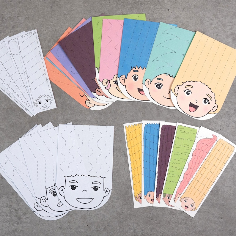 May include: A collection of colorful paper cutouts featuring cartoon faces with various hairstyles. Some cutouts are pre-colored, while others are black and white with dotted lines for cutting practice. The faces have smiling expressions.