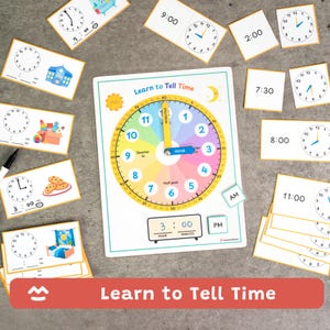 Learn to Tell Time Printable Clock - 42 Activity Cards, Interactive Clock, Homeschool, Preschool & Pre-K