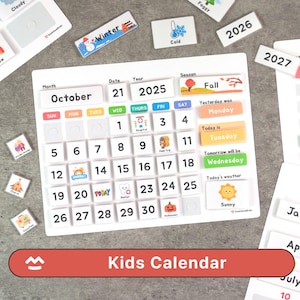 Könnte beinhalten: Ein weißer Kinderkalender mit dem Monat Oktober 2025. Er zeigt Wochentage, Daten und Wettersymbole. Magnetische Etiketten kennzeichnen Jahreszeiten und Ereignisse. Der Text "Kids Calendar" ist in einem roten Banner zu sehen.