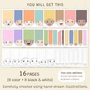 May include: A set of 16 pages of hand-drawn illustrations featuring cartoon faces with various hairstyles. The set includes 8 color and 8 black and white pages. Two size options are available: 8.5"x11" (US Letter size) and A4 (210mm x 297mm). The text reads "YOU WILL GET THIS".