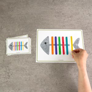 以下が含まれることがあります： 灰色の魚の骨のイラストとカラフルな縦棒が描かれた白いカード。手に黄色い棒を魚の骨に配置しています。同じデザインの小さなカードの山が左側にあります。